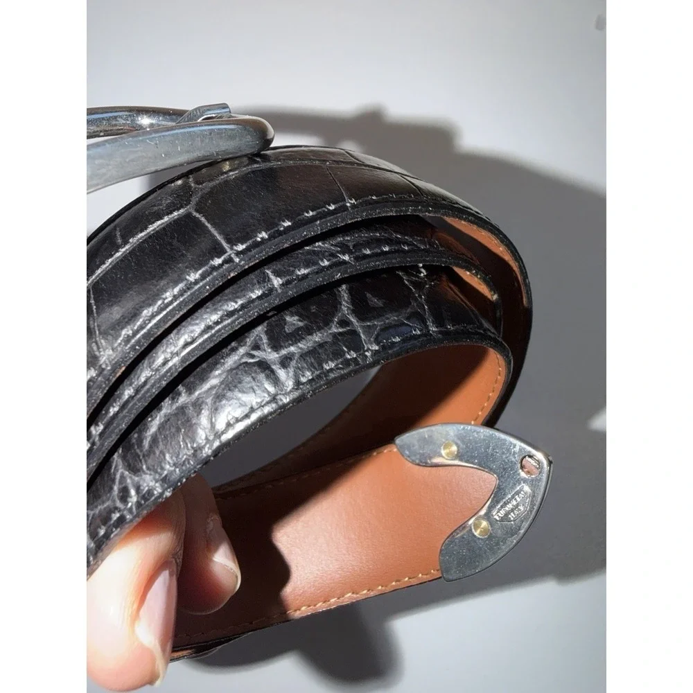 Eurometal Made In Italy Black Leather‎ Belt Silver Tone Embossed Sz 34